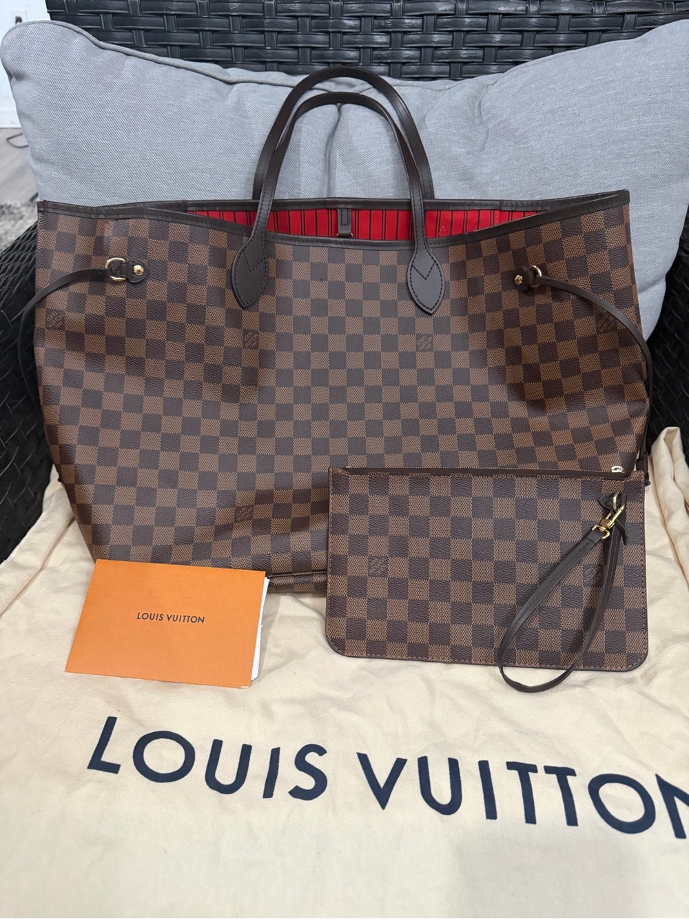 Authentic Louis Vuitton Neverfull GM Tote in Damier Ebene with Red Interior